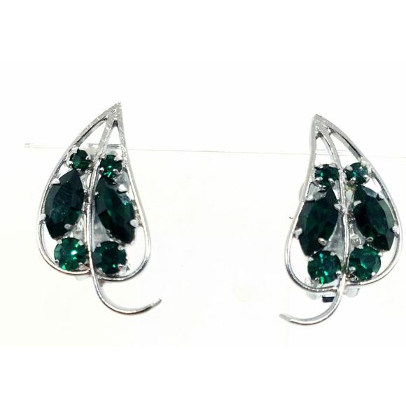 Vintage Earrings Leaf With Emerald Green Rhinestones Clip On Silver Toned - Picture 2 of 10